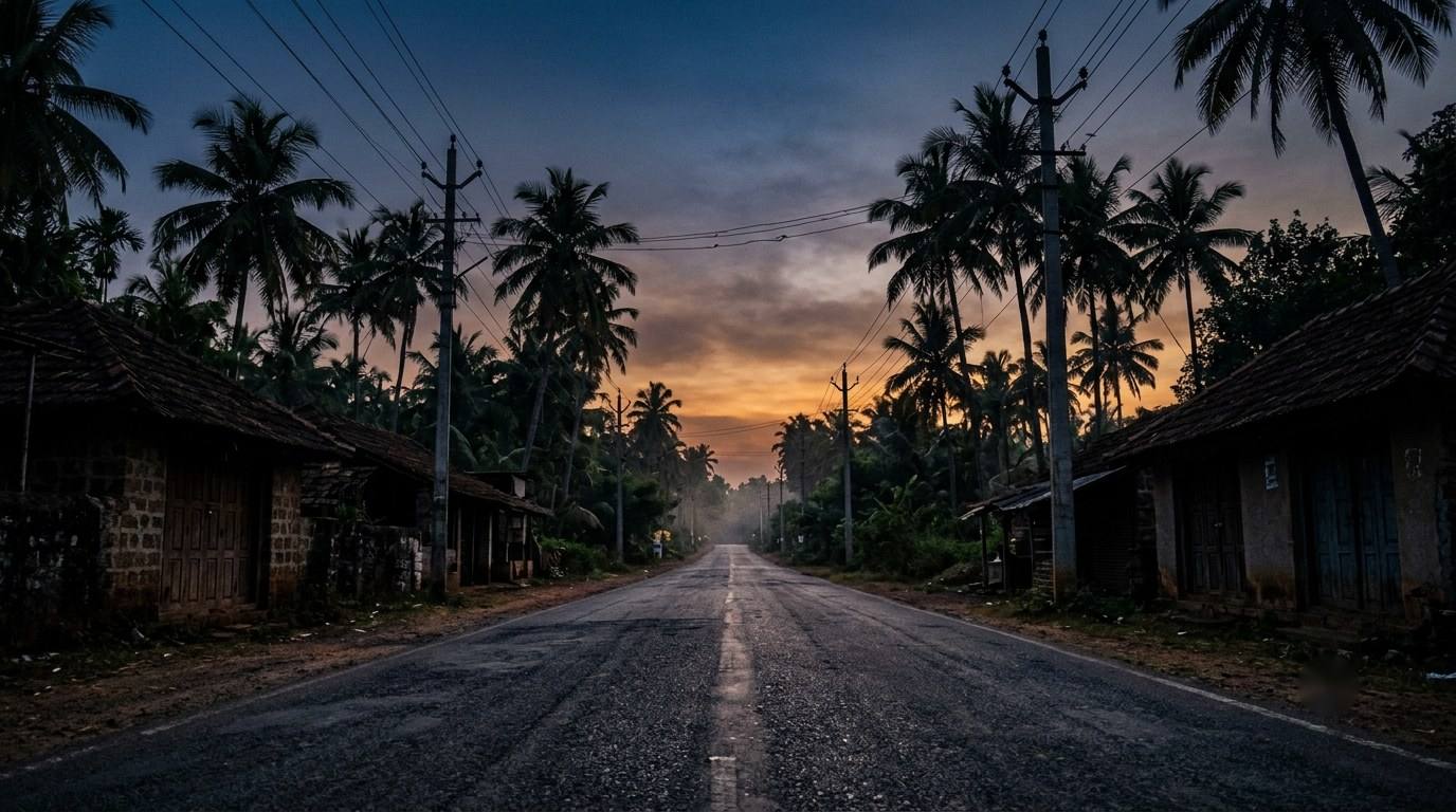 An empty Kerala road at dusk lined with tiled-roof shops, coconut palms and electric poles